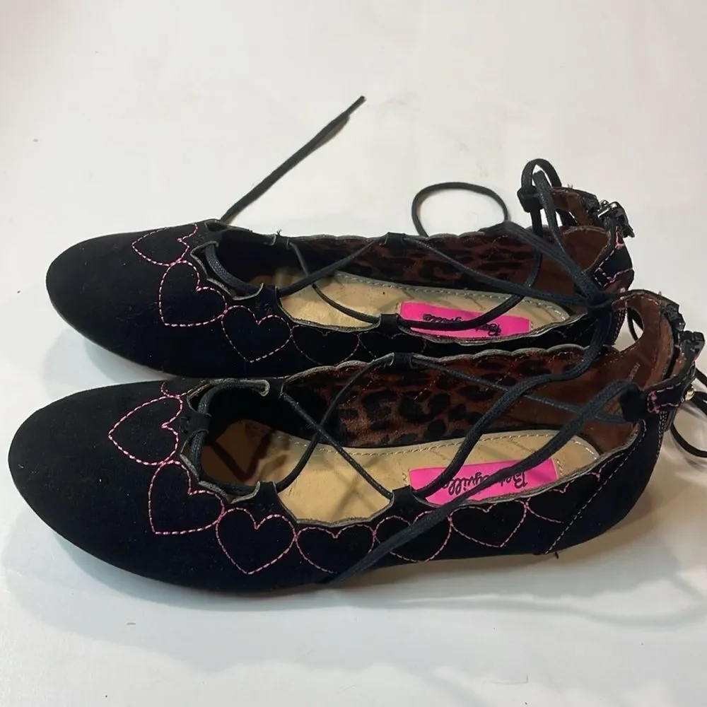Betsey Johnson Little Girls Black Lace Up Microsuede Ballet Flats Sz 2